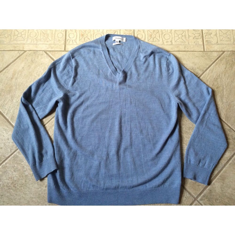 Men Calvin Klein Blue Gray V Neck‎ 100% Merino Wool Long Sleeve Sweater XL